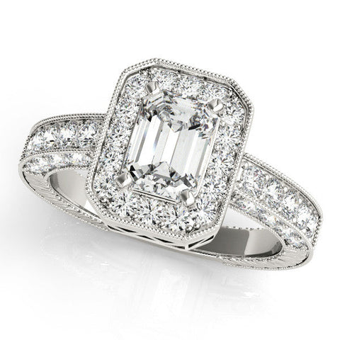 White gold Radiant Cut Halo Diamond Pave Band Ring with Four-Prong Setting