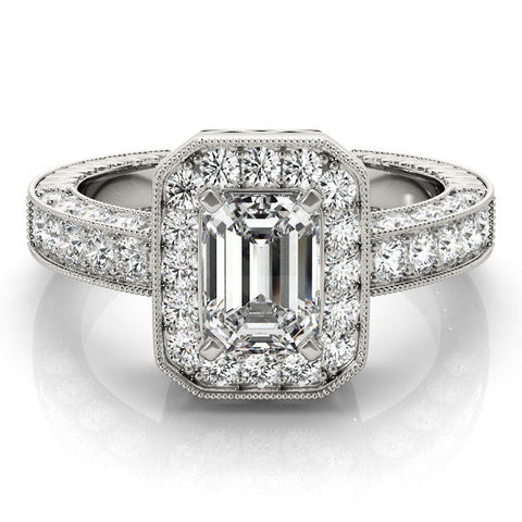 Platinum Radiant Cut Halo Diamond Pave Band Ring with Four-Prong Setting