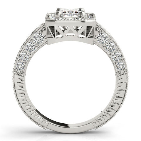 White gold Radiant Cut Halo Diamond Pave Band Ring with Four-Prong Setting