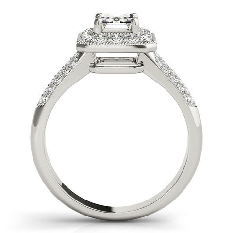 White gold Emerald Cut Halo Diamond Pave Band with Four-Prong Setting