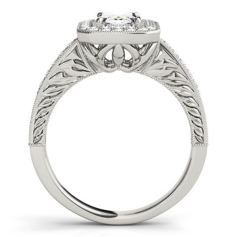 Platinum Emerald Cut Halo Diamond Ring with Pavé Band and Four-Prong Setting