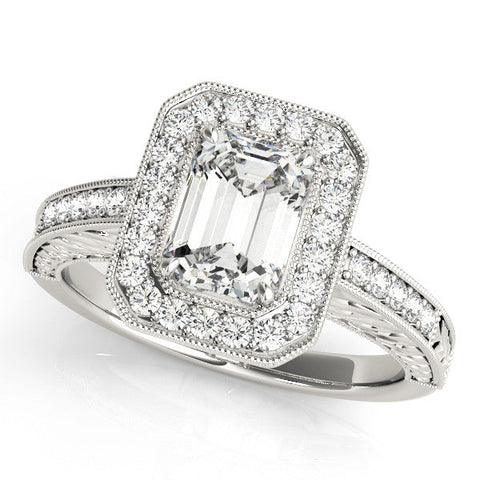 White gold Radiant Cut Halo Diamond Ring with Pavé Band and Four-Prong Setting