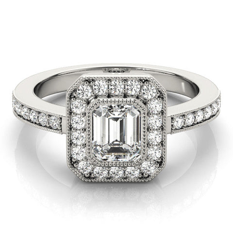 White gold Radiant-Cut Halo Diamond Ring with Pavé Band and Milgrain Prong Setting