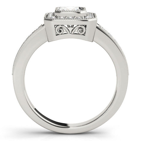 White gold Emerald-Cut Halo Diamond Ring with Pavé Band and Milgrain Prong Setting