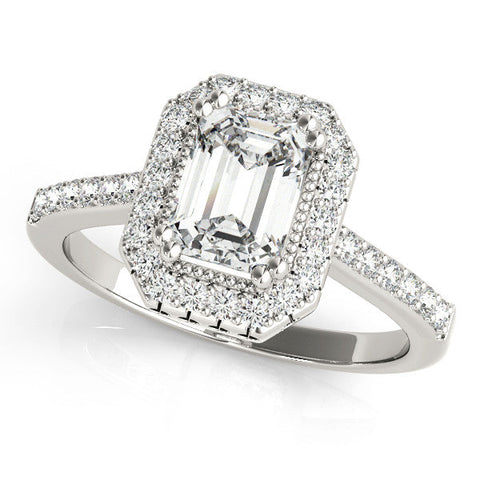 Platinum Radiant Cut Halo Diamond Ring with Pave Band and Four-Prong Setting