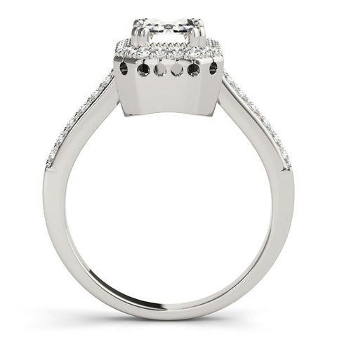 Platinum Radiant Cut Halo Diamond Ring with Pave Band and Four-Prong Setting
