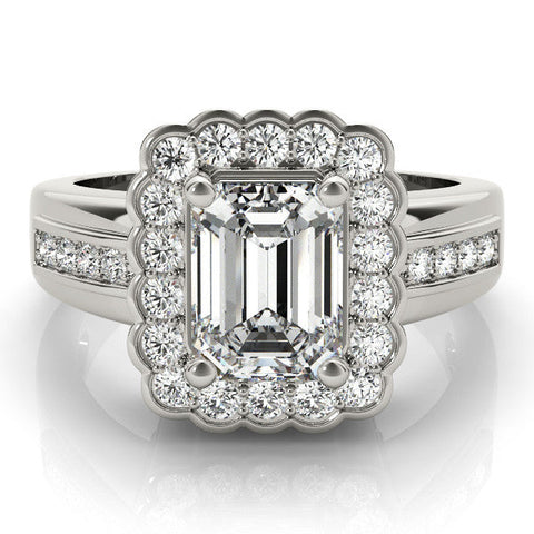 White gold Emerald Cut Halo Pave Band Four-Prong Ring