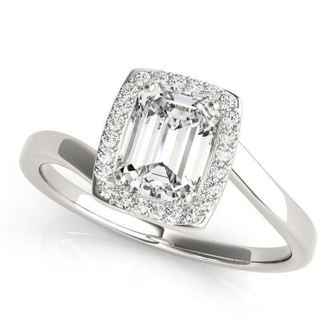 White gold Radiant Cut Halo Solitaire Ring with Channel Band and Four-Prong Setting