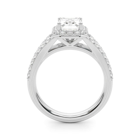 White gold Radiant-Cut Halo Split Shank Diamond Ring with Four-Prong Setting