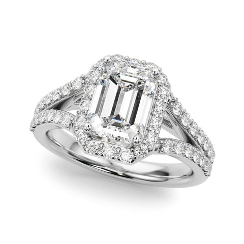 White gold Radiant-Cut Halo Split Shank Diamond Ring with Four-Prong Setting
