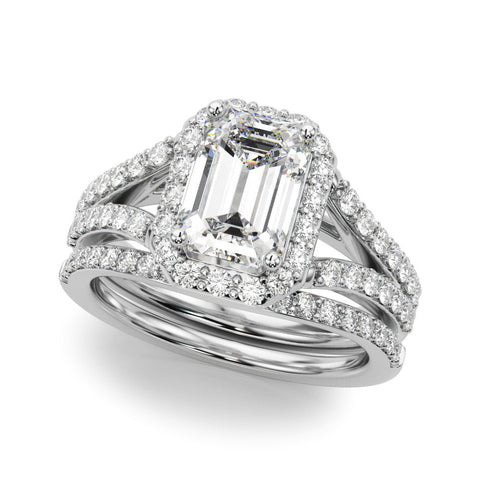 White gold Radiant-Cut Halo Split Shank Diamond Ring with Four-Prong Setting