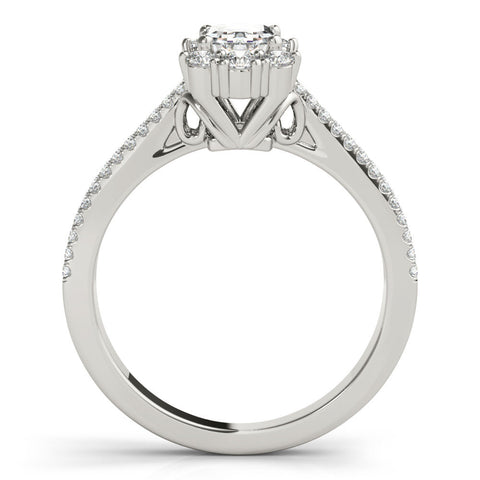 Platinum Emerald Cut Halo Split Shank Ring with Prong Setting
