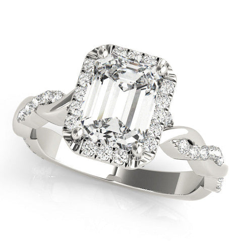 White gold Emerald Cut Halo Twisted Band Four-Prong Ring