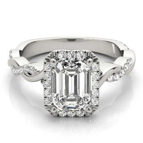 White gold Emerald Cut Halo Twisted Band Four-Prong Ring