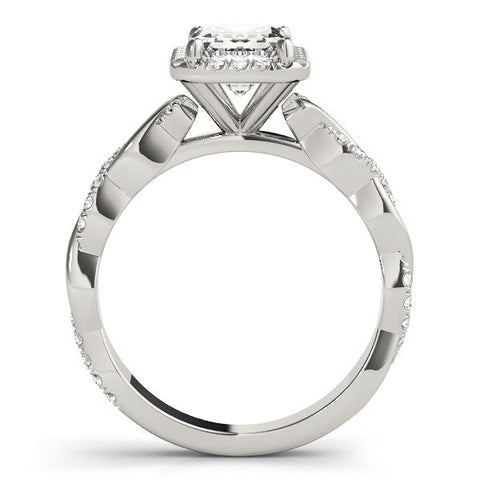 White gold Emerald Cut Halo Twisted Band Four-Prong Ring
