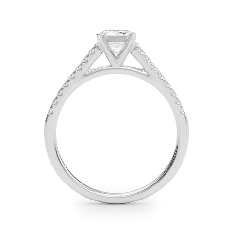 White gold Emerald Cut Solitaire Diamond Ring with Pave Band and Four-Prong Setting