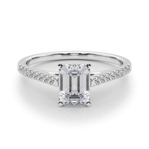 Platinum Emerald Cut Solitaire Diamond Ring with Pave Band and Four-Prong Setting