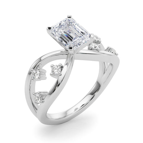 White gold Emerald Cut Solitaire Diamond with Side Stones on Criss-Cross Band and Four-Prong Setting