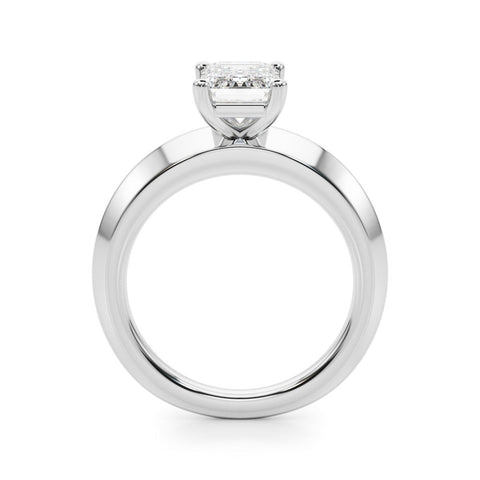 White gold Emerald Cut Solitaire Engagement Ring with Flat Band and Four-Prong Setting