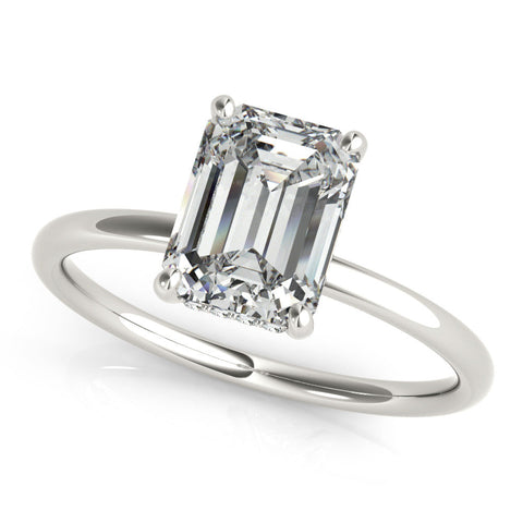 Platinum Emerald Cut Solitaire Engagement Ring with Four-Prong Setting and Classic Band
