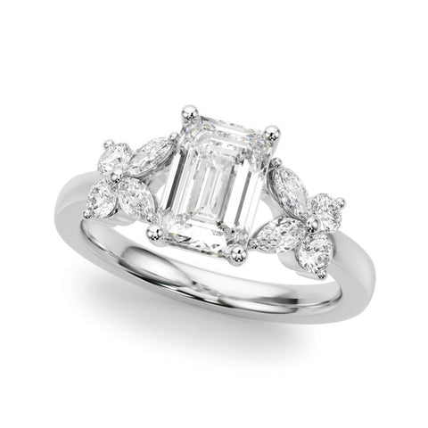 Platinum Emerald Cut Solitaire Floral Diamond Ring with Four-Prong Setting