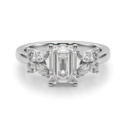 White gold Emerald Cut Solitaire Floral Diamond Ring with Four-Prong Setting
