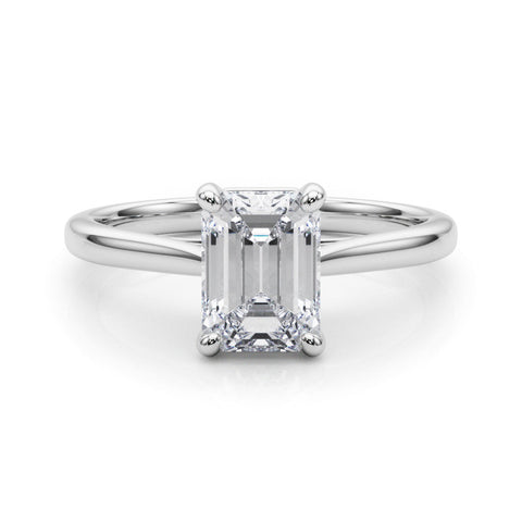 White gold Radiant Cut Solitaire Ring with Cathedral Band and Four-Prong Setting