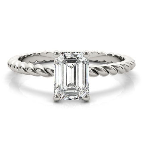 White gold Emerald Cut Solitaire Twisted Band with Four-Prong Setting