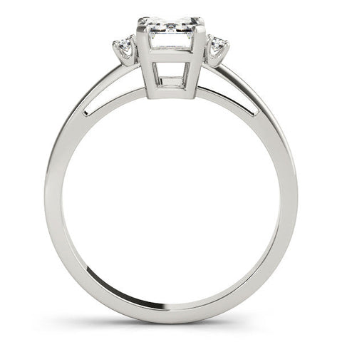 White gold Radiant Cut Three-Stone Solitaire Ring with Round Accent Diamonds and Four-Prong Setting