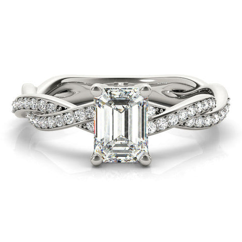White gold Fancy Blue Round  Cut Twisted Pavé Band Solitaire Ring with Four-Prong Setting