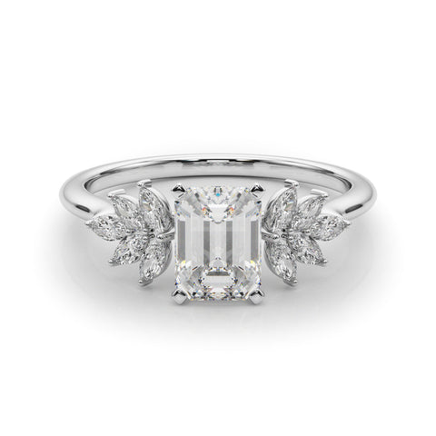 Platinum Emerald Diamond Floral Side Stone Solitaire with Marquise Accents and Four-Prong Setting