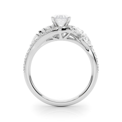 White gold Radiant Diamond Halo Ring with Marquise and Pavé Band in Prong Setting