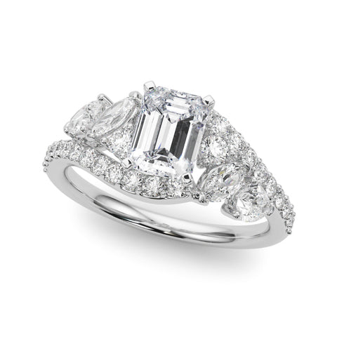 Platinum Radiant Diamond Halo Ring with Marquise and Pavé Band in Prong Setting