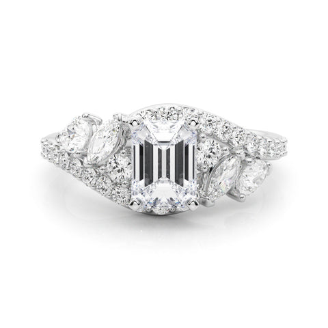 Platinum Emerald Diamond Halo Ring with Marquise and Pavé Band in Prong Setting