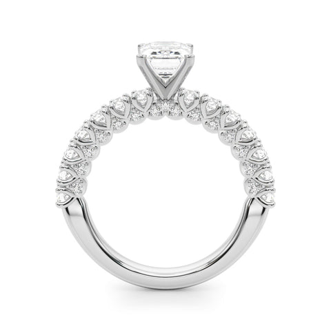White gold Emerald Diamond Pavé Band Solitaire Ring with Four-Prong Setting