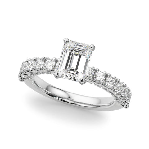 White gold Radiant Diamond Pavé Band Solitaire Ring with Four-Prong Setting