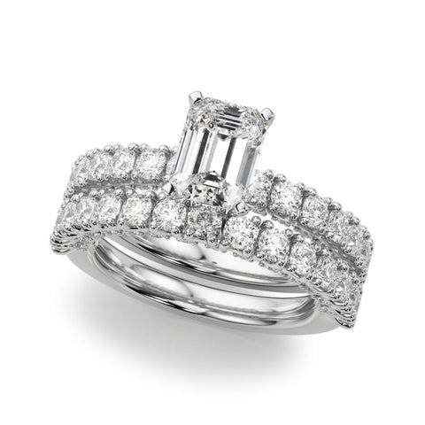 White gold Emerald Diamond Pavé Band Solitaire Ring with Four-Prong Setting
