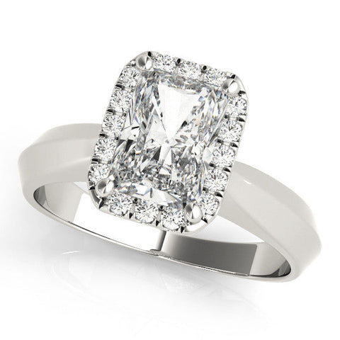 White gold Radiant Halo Diamond Ring with Cathedral Band and Four-Prong Setting