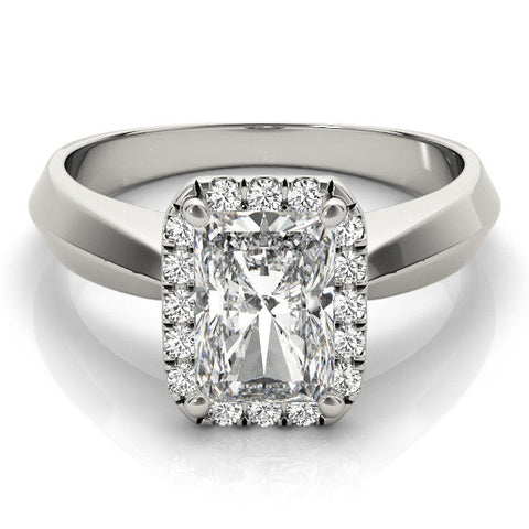 Platinum Emerald Halo Diamond Ring with Cathedral Band and Four-Prong Setting