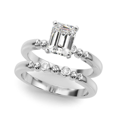 Platinum Emerald Solitaire Beaded Band with Four-Prong Setting