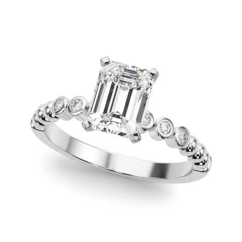 White gold Emerald Solitaire Bezel Accent Diamond Engagement Ring with Beaded Band and Four-Prong Setting
