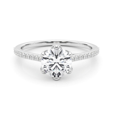 White gold Round Solitaire Diamond Engagement Ring with Pave Band and Six-Prong Setting