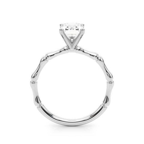 Platinum Emerald Solitaire Diamond Ring with Bamboo Band and Four-Prong Setting