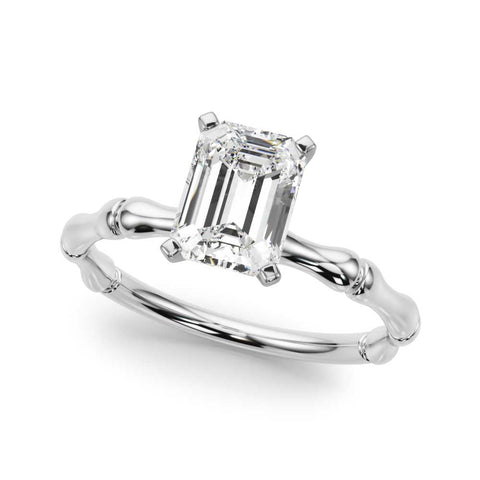 Platinum Emerald Solitaire Diamond Ring with Bamboo Band and Four-Prong Setting