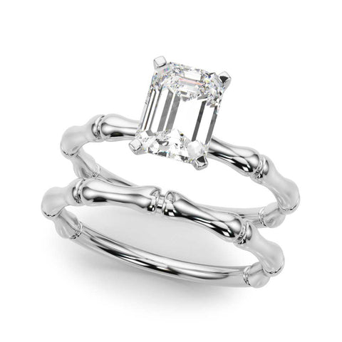 White gold Radiant Solitaire Diamond Ring with Bamboo Band and Four-Prong Setting