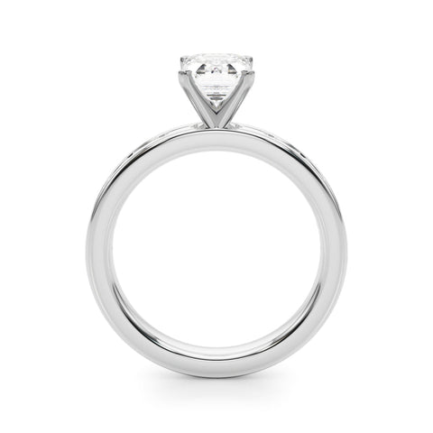 Platinum Emerald Solitaire Diamond Ring with Channel-Set Baguette Band and Four-Prong Setting