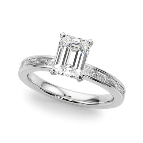 White gold Radiant Solitaire Diamond Ring with Channel-Set Baguette Band and Four-Prong Setting