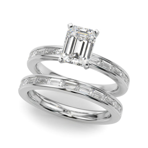 White gold Radiant Solitaire Diamond Ring with Channel-Set Baguette Band and Four-Prong Setting