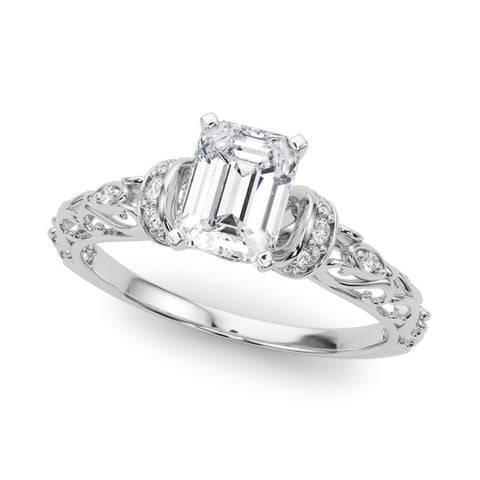 Platinum Radiant Solitaire Diamond Ring with Filigree Band and Four-Prong Setting
