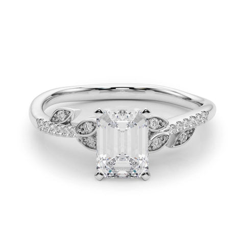 Platinum Emerald Solitaire Leaf-Inspired Diamond Ring with Pavé Band and Four-Prong Setting